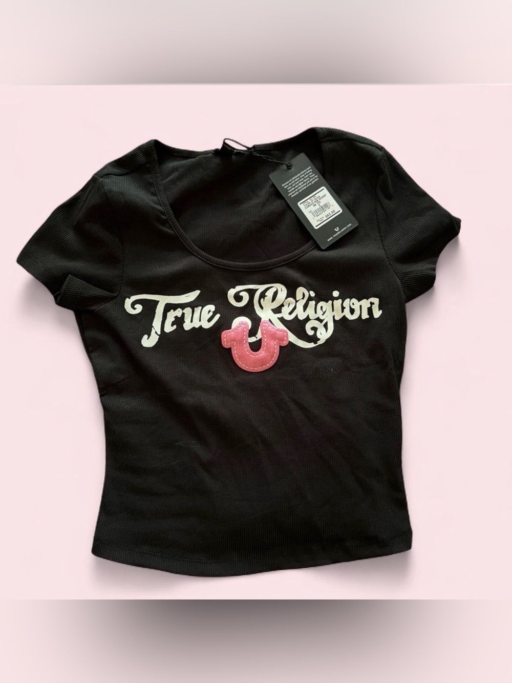 True Religion Black Scoop Neck Tee with Pink Horseshoe Patch
